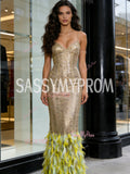 Spaghetti Straps Sequin Trumpet Mermaid Green Feather Prom Dress