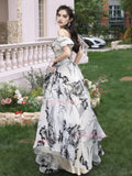 Off The Shoulder Tulle Black Flower Print Prom Dress