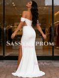 Sheer Trumpet Mermaid Satin Off The Shoulder Wedding Dress WIth Slit