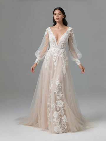 Champagne Long Sleeve Deep V Neck Tulle Wedding Dress