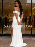Sheer Trumpet Mermaid Satin Off The Shoulder Wedding Dress WIth Slit