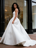Satin A Line Sleeve Straps Square Wedding Dress