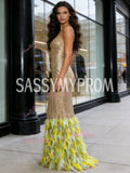 Spaghetti Straps Sequin Trumpet Mermaid Green Feather Prom Dress