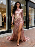 Rose Gold Sequin Floral Print High Neck Prom Dress With Slit