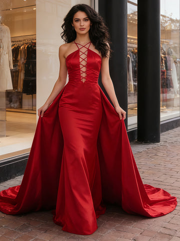 Corset A Line Satin Red Halter Prom Dress