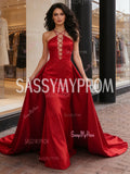 Corset A Line Satin Red Halter Prom Dress