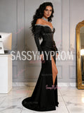 Satin Trumpet Mermaid Black Off The Shoulder Prom Dress With Slit