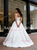 Satin A Line Sleeve Straps Square Wedding Dress