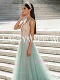 Pink & Green Tulle Flower A Line V Neck Prom Dress