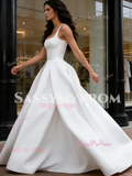 Satin A Line Sleeve Straps Square Wedding Dress