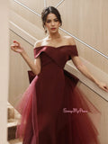 Detachable Train Satin Off The Shoulder Burgundy Prom Dress