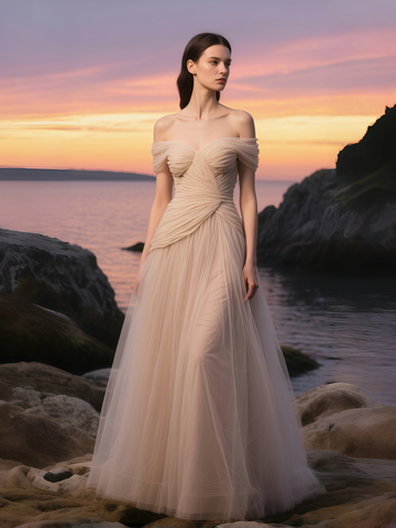Beige Rulle Pleats A Line Off The Shoulder Wedding Dress