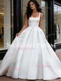 Satin A Line Sleeve Straps Square Wedding Dress