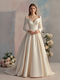 A Line Long Sleeve Sweetheart Satin Wedding Dress