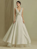 Ruched Satin A Line V Neck Tulle White Wedding Dress