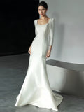 Satin Trumpet Mermaid Square Long Sleeve Wedding Dress