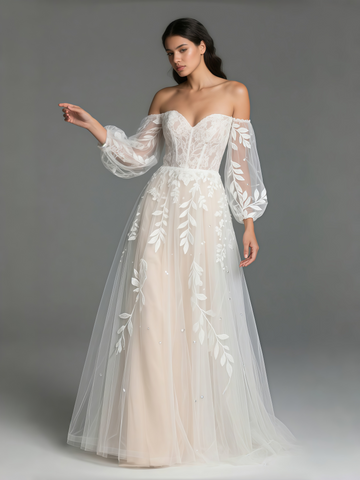 Long Sleeves Lace Champagne Sweetheart Wedding Dress
