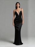 Spaghetti Straps Trumpet Mermaid Beading Black Prom Dress