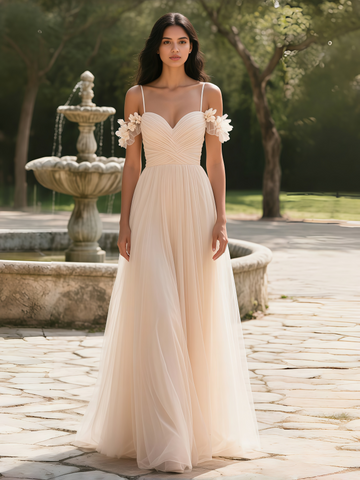Ruffles Spaghetti Straps Off The Shoulder Tulle Prom Dress