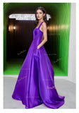 A Line Straps Purple Satin Prom Dress With Pockets