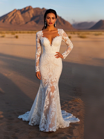 Trumpet Mermaid Lace Sexy Long Sleeve Wedding Dress