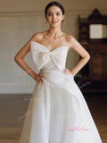 High Low A Line Bow Tulle Strapless Wedding Dress