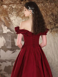 Off The Shoulder Satin Burgundy A Line Prom Dress