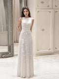 Lace A Line Backless Jewel Neck Flowers Wedding Dress