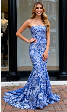 Beading Strapless Trumpet Mermaid Blue Lace Prom Dress