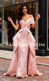 Ruched Beading Trumpet Mermaid Pink Off The Shouder Prom Dress