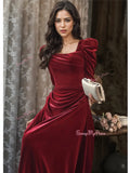 Velvet Square Burgundy Long Sleeve Prom Dress