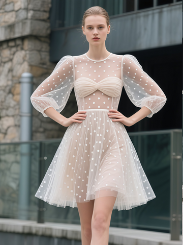 Dots Sheer Neck High Low Long Sleeve Wedding Dress