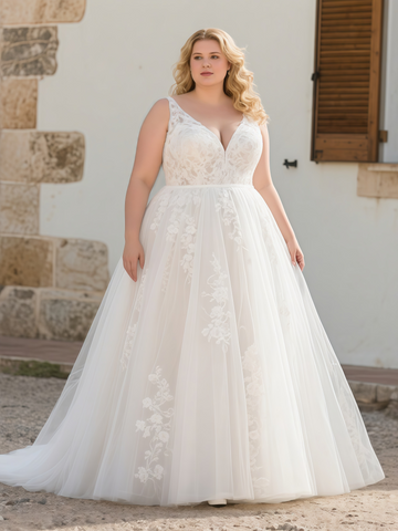 Plus Size A Line Appliques V Neck Tulle Wedding Dress