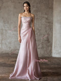 Mermaid Ruched Strapless Beading Pink Prom Dress