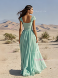 A Line Chiffon Mint Cap Sleeve Prom Dress With Slit