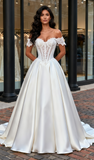 Lace Beading A Line Satin Off The Shoulder Wedding Dress