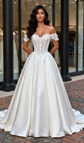 Lace Beading A Line Satin Off The Shoulder Wedding Dress