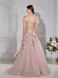 A Line Pink Tulle Off The Shoulder Flower Prom Dress