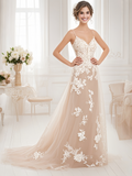 Tulle Spaghetti Straps A Line Champagne Appliques Wedding Dress