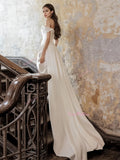 High Low Ruched Satin A Line Off The Shoulder White Wedding Dress