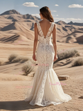 Lace Backless V Neck Trumpet Mermaid Wedding Dress