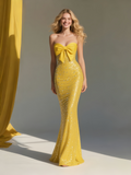 Bow Trumpet Mermaid Sequin Yellow Strapless Prom Dress