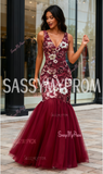 Floral Lace V Neck Trumpet Mermaid Burgundy Prom Dress
