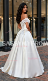 Lace Beading A Line Satin Off The Shoulder Wedding Dress