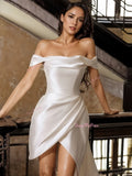 High Low Ruched Satin A Line Off The Shoulder White Wedding Dress