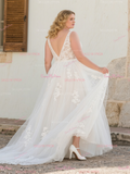 Plus Size A Line Appliques V Neck Tulle Wedding Dress