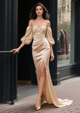 Trumpet Mermaid Sweetheart Satin Champagne Prom Dress With Slit