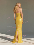 Bow Trumpet Mermaid Sequin Yellow Strapless Prom Dress