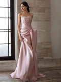 Mermaid Ruched Strapless Beading Pink Prom Dress