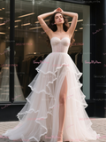 Sweetheart Tulle A Line Ruffles Wedding Dress With Slit